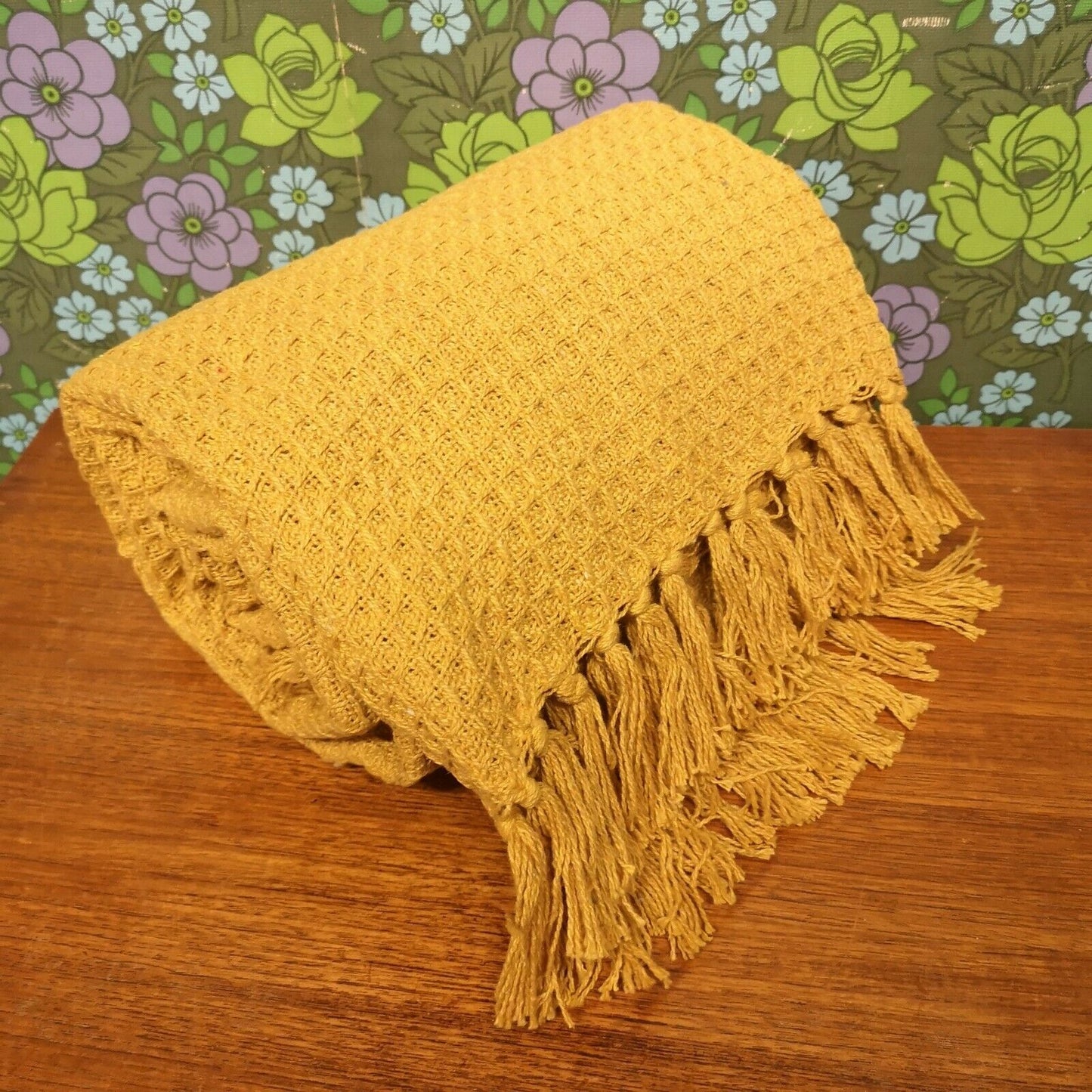 Yellow Waffle Picnic Blanket / Throw - Tasselled Cotton 127x152cm NEW