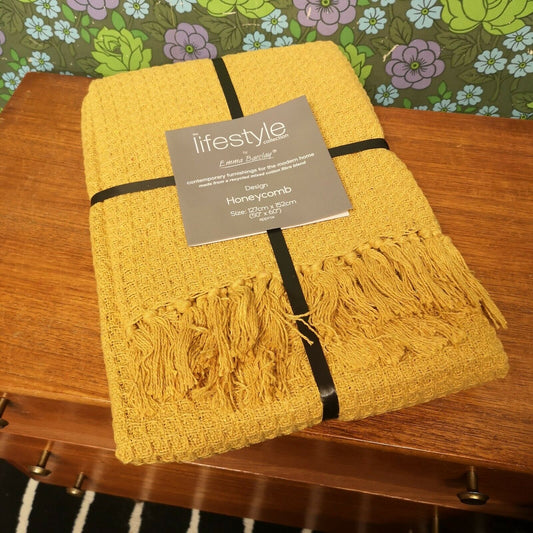 Yellow Waffle Picnic Blanket / Throw - Tasselled Cotton 127x152cm NEW