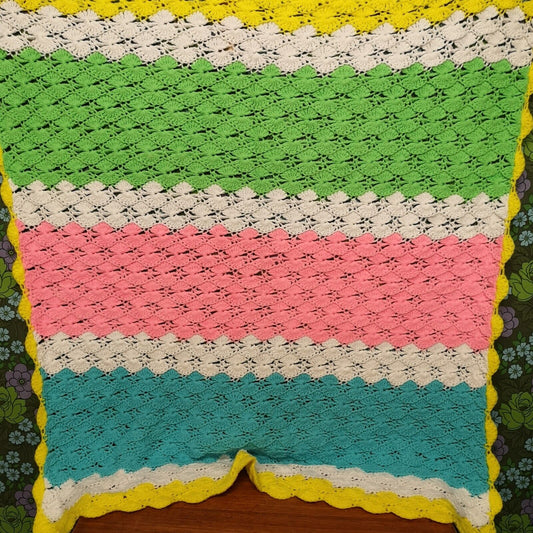 Bright Stripy Vintage Knitted Crochet Wool Lap/Pram Blanket / Throw