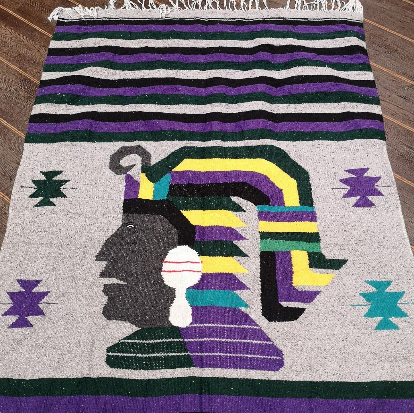 Native Head Purple Green Yellow Mexican Woven Stripy Falsa Yoga Blanket / Throw