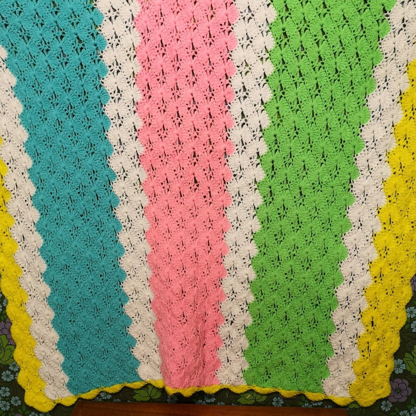 Bright Stripy Vintage Knitted Crochet Wool Lap/Pram Blanket / Throw