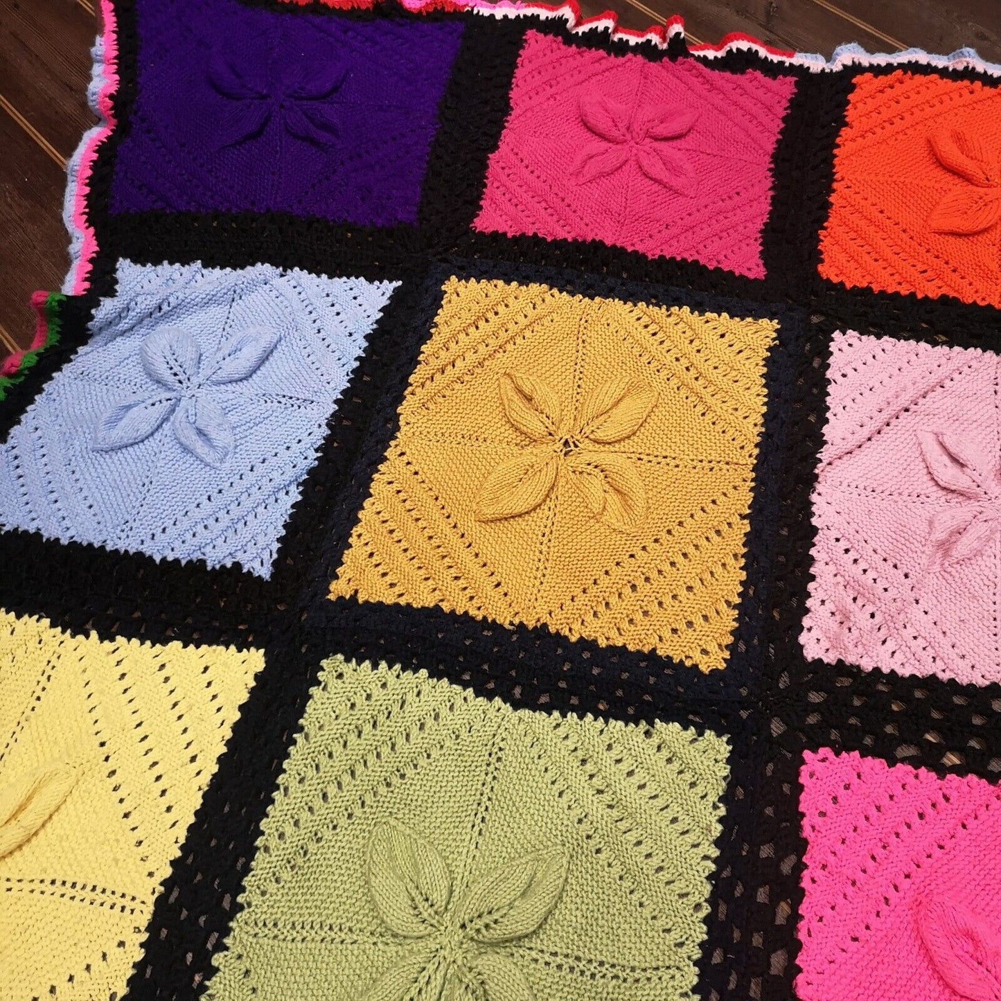 Bright Vintage Knitted Bedspread Crochet Wool Blanket Throw 80"x64"